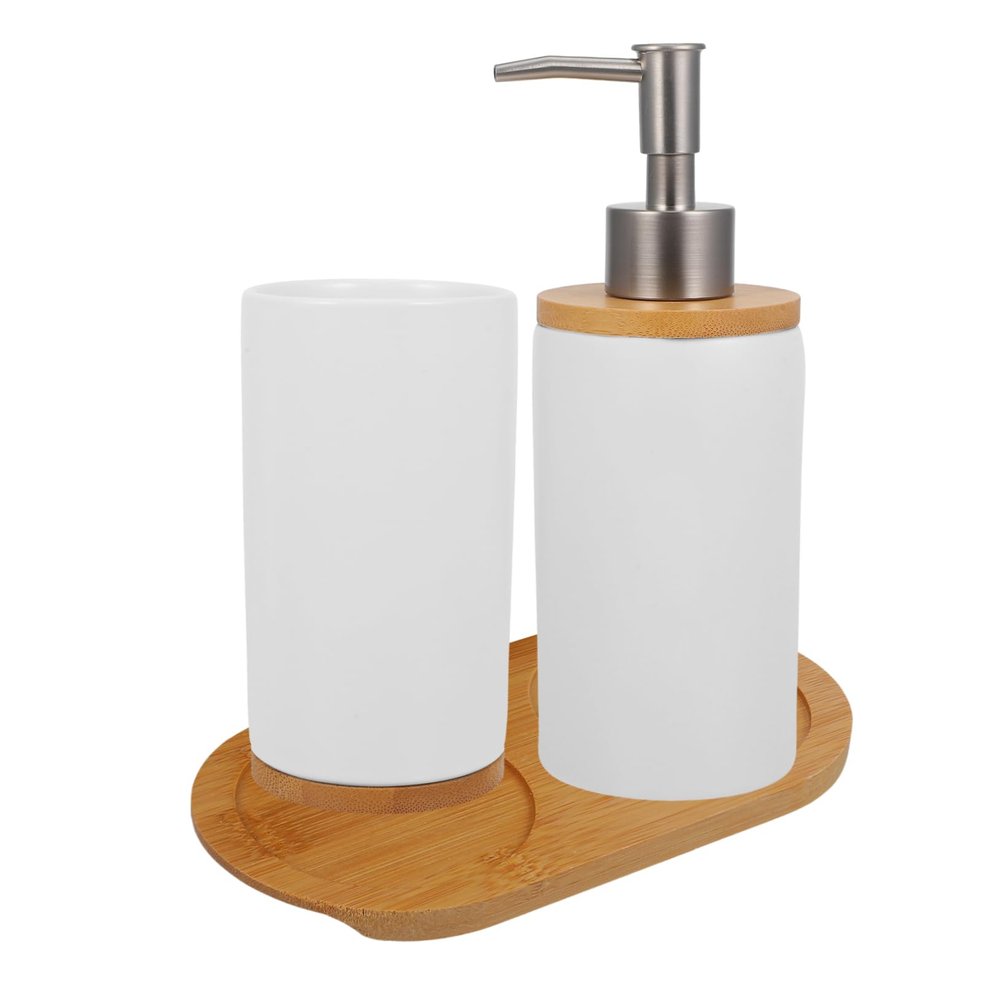 PRETYZOOM Vanity Countertop Accessories Ceramic Bamboo Set Toothbrush Holder Soap Dispenser Lotion Bottle