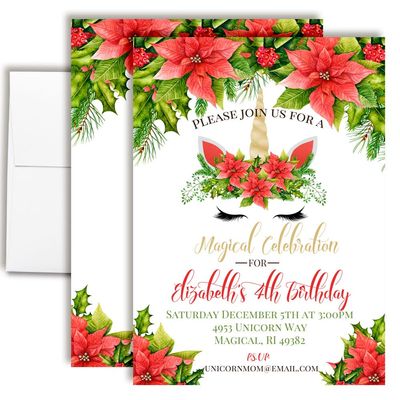 Personalized Poinsettia Unicorn Christmas Invitations Custom Holiday Invite Cards 50 Pack 5x7 Birthday Party Cards With Envelopes - Unique Customized for the Holidays