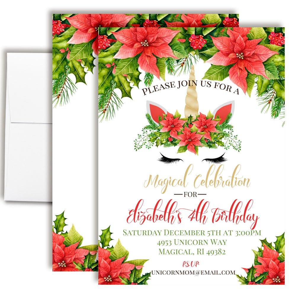 Personalized Poinsettia Unicorn Christmas Invitations Custom Holiday Invite Cards 50 Pack 5x7 Birthday Party Cards With Envelopes - Unique Customized for the Holidays
