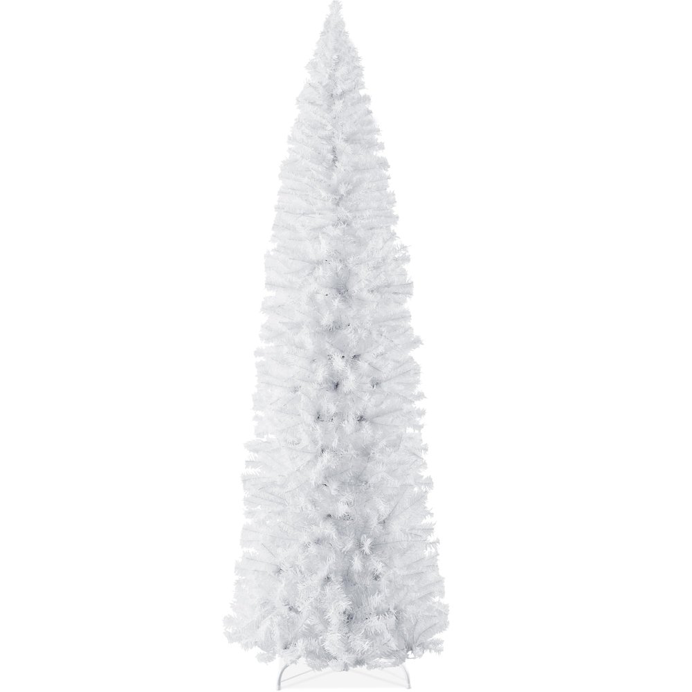 Best Choice Products White Pencil Christmas Tree 9ft Unlit Slim Decoration Without Lights, Skinny Premium Holiday Decor, Metal Stand, Easy Assembly
