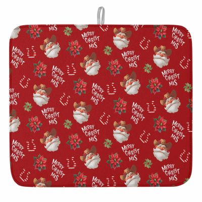 Christmas Dish Drying Mat for Kitchen Counter Western Cowboy Santa Claus Dry Mat Absorbent Dish Drainer Protector Pad Poinsettias Candy Horseshoes Red Dish Drainer Mat for Christmas Decor,18x24 Inch