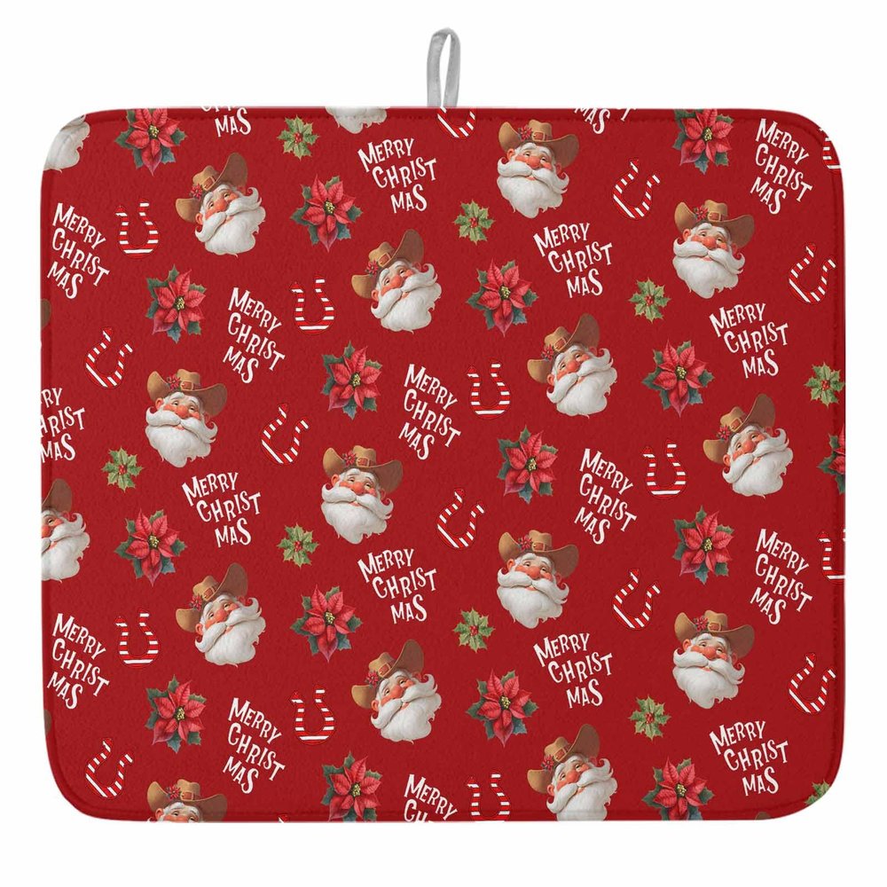 Christmas Dish Drying Mat for Kitchen Counter Western Cowboy Santa Claus Dry Mat Absorbent Dish Drainer Protector Pad Poinsettias Candy Horseshoes Red Dish Drainer Mat for Christmas Decor,18x24 Inch