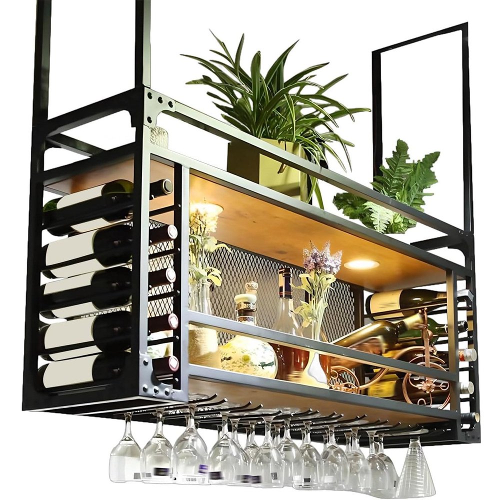 23-69 Inch Metal Wall Mounted Wine Rack, Bar Cabinet with Glass Holder, Floating Shelves for Kitchen with LED Light, Bar Liquor Bottle Display Shelf for Kitchen Bar Decoration,1.4m/55in