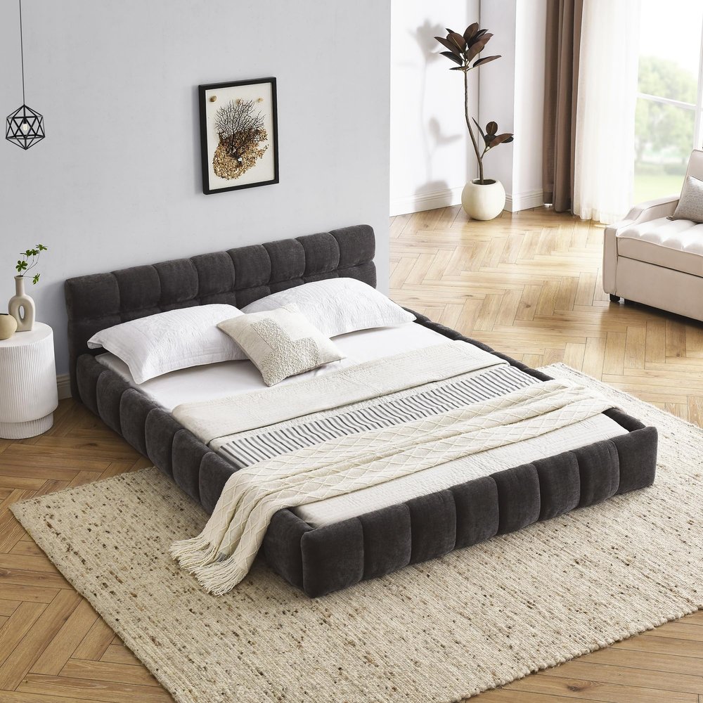 DEINPPA Queen Chenille Upholstered Platform Bed with Cloud Soft Headboard, Grounded Upholstered Wood Base Platform Bed, Italian Style Modern Beds-Grey