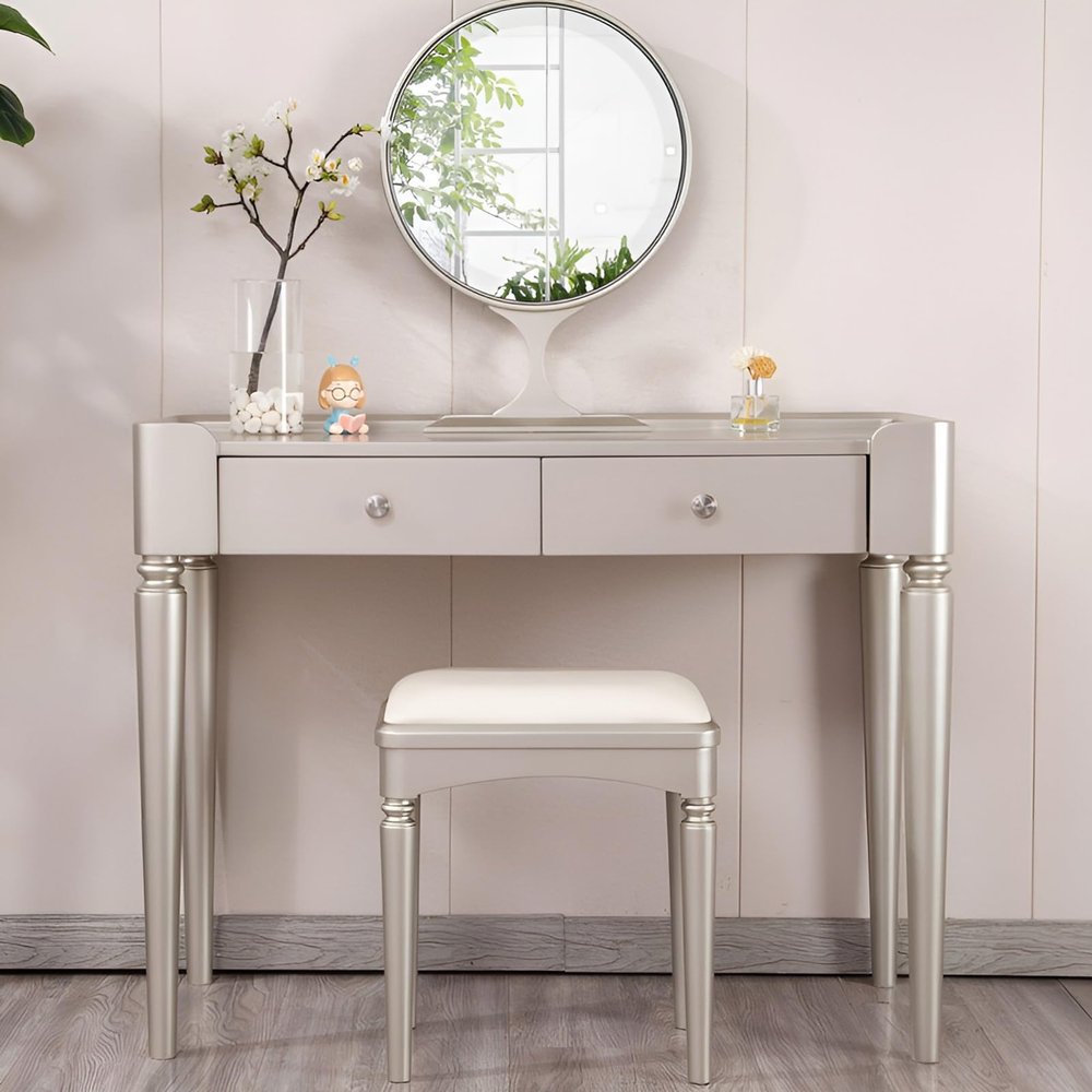 XOBRJQZ Elegant Modern Makeup Vanity Desk with Mirror, Small Dressing Table for Bedroom, Makeup Table with 2 Drawers