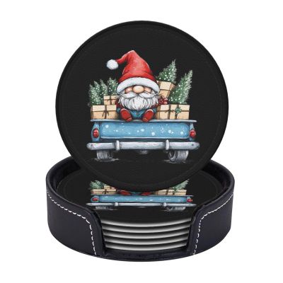 6 Pack Christmas Blue Truck Gnome Leather Coasters for Drinks with Holder Sets - Cute New Year Heat Resistant Drink Table Cup Coasters for Kitchen Dining Cafe Xmas Table Decor,Round
