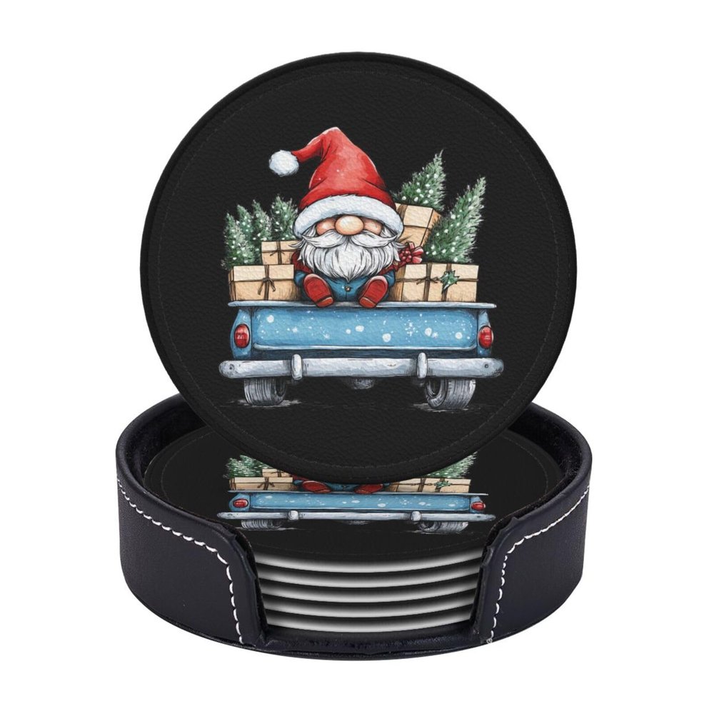 6 Pack Christmas Blue Truck Gnome Leather Coasters for Drinks with Holder Sets - Cute New Year Heat Resistant Drink Table Cup Coasters for Kitchen Dining Cafe Xmas Table Decor,Round