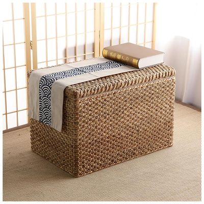 MKYOKO Woven Seagrass Storage Ottoman,Rustic Farmhouse Wicker Trunk,End of Bed Bench Chest,Wood Footrest Stool for Livingroom,Rattan Woven Storage,Wood,28x16x18in