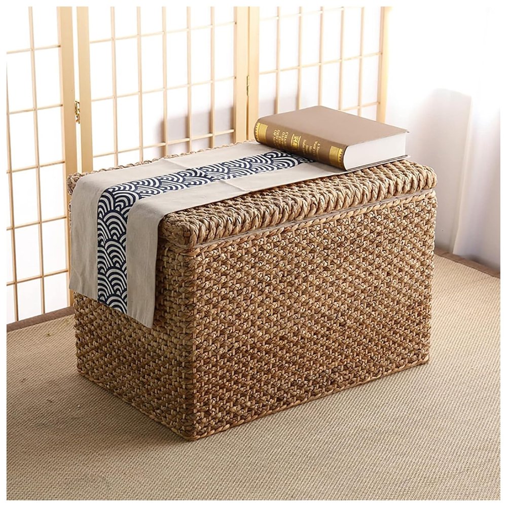 MKYOKO Woven Seagrass Storage Ottoman,Rustic Farmhouse Wicker Trunk,End of Bed Bench Chest,Wood Footrest Stool for Livingroom,Rattan Woven Storage,Wood,28x16x18in