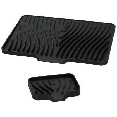2Pcs Silicone Dish Drying Mat with Drain Lip Nonslip Dish Drainer Mat Heat Resistant Dish Drying Pad Drying Mat for Kitchen Countertop to Prevent Water Build Up (Black, Large and Small)