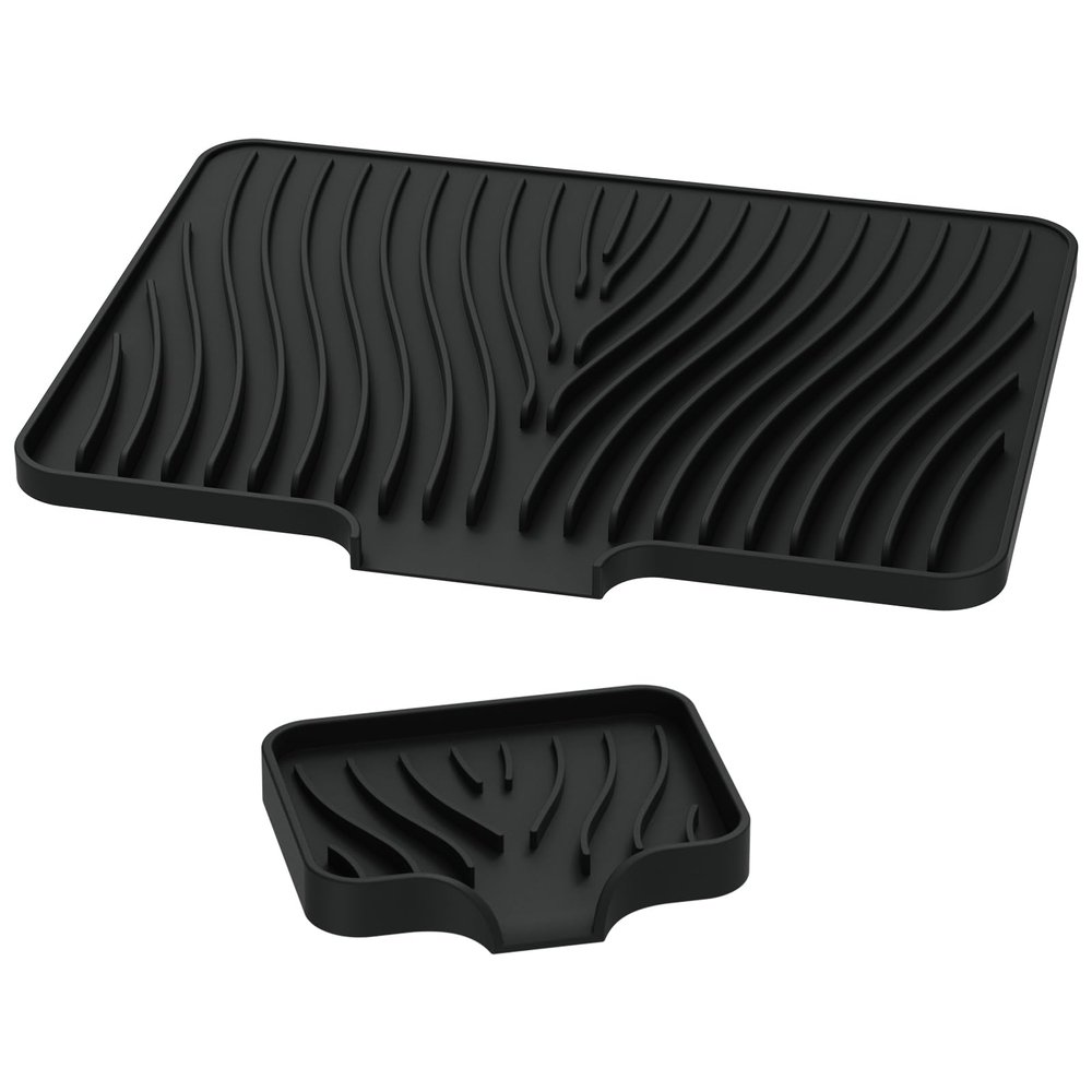 2Pcs Silicone Dish Drying Mat with Drain Lip Nonslip Dish Drainer Mat Heat Resistant Dish Drying Pad Drying Mat for Kitchen Countertop to Prevent Water Build Up (Black, Large and Small)
