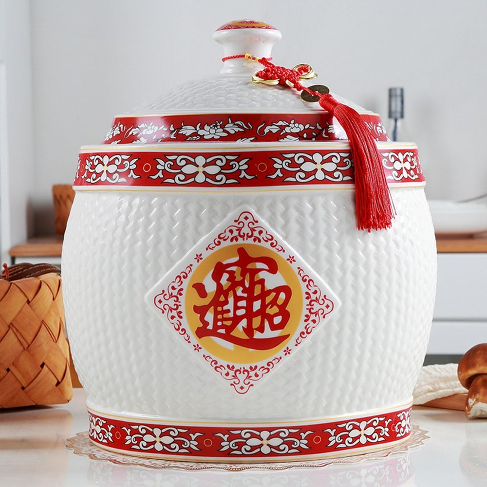 Ceramic Rice Jar With Lid Traditional Chinese Style Food Storage Jars Classic Food Dispensers Ceramic Household Rice Storage Box With Lid Suitable For Cereal, Flour, Sugar, Coffee, Rice(C-16*16*24cm)