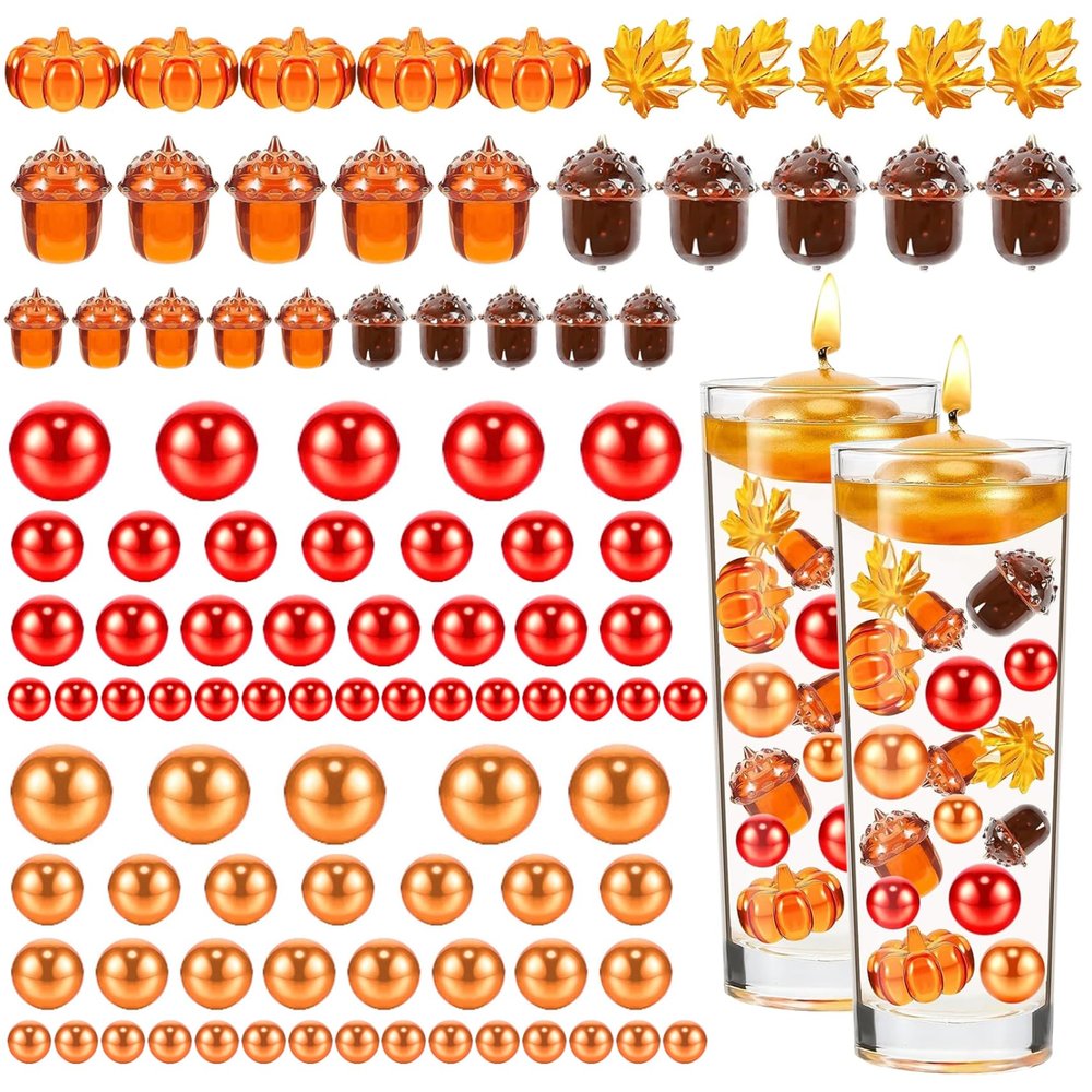 Fall Sensory Bin Items, Fall Vase Filler Decor 90Pcs/Set Faux Pearl Water Gel Bead Floating Candle Vase Filler Waterproof Small Fall Decorations for Thanksgiving Table Party Style 2