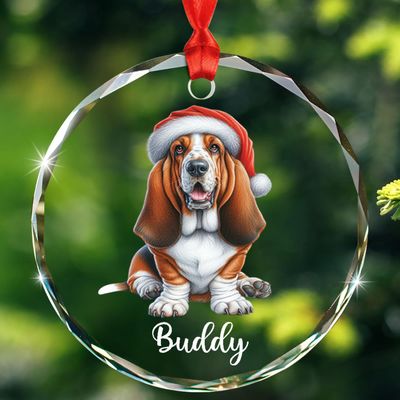 Basset Hound Dog Glass Ornament, Personalized Name Basset Hound Christmas Ornament Gift for Basset Hound Lovers, Customized Basset Hound Glass Christmas Ornament 2026, Cute Basset Hound Ornament Gift