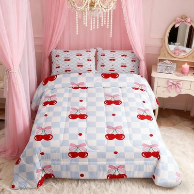 Pink Bowknot Kids Comforter Set Queen Size,Bow Tie Cherry Tropical Fruit Cartoon Bedding Set,Girls Women Room Decor,Geometric Checkered Patchwork Down Comforter,Blue Chic Duvet Insert,2 Pillowcases