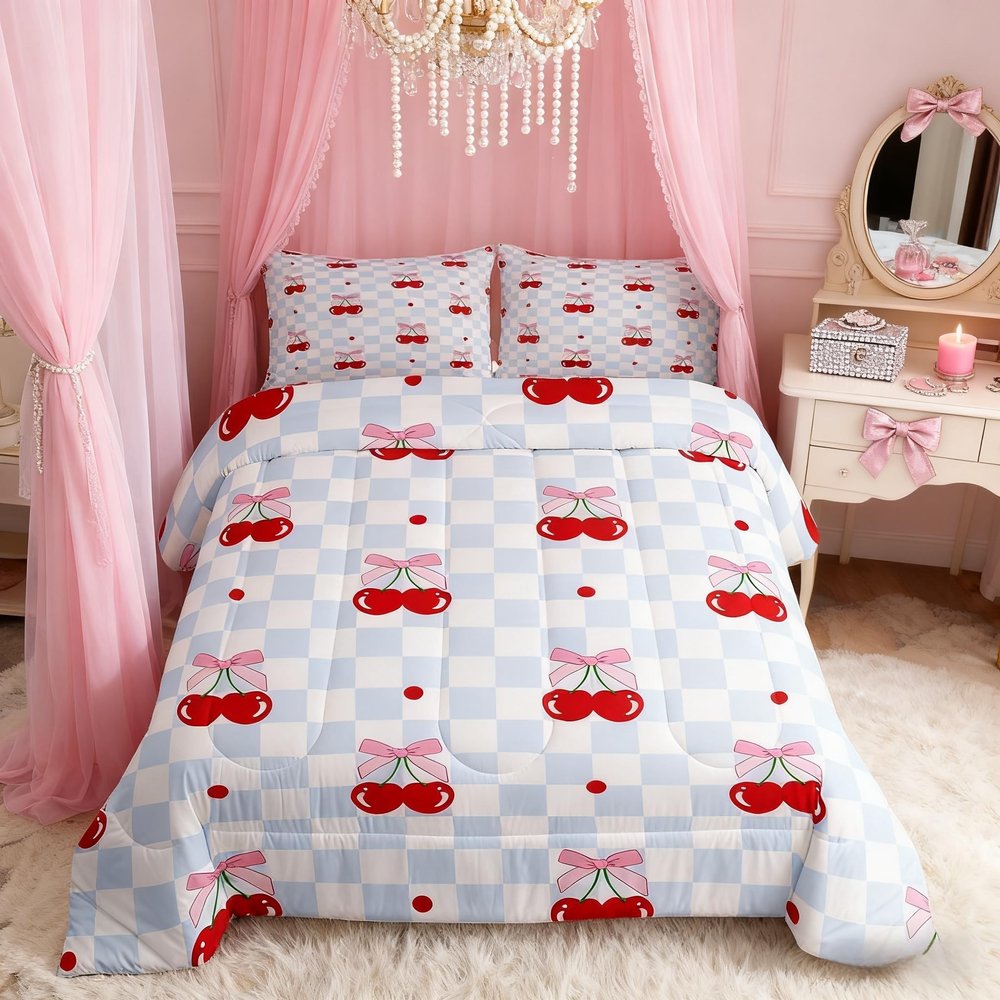 Pink Bowknot Kids Comforter Set Queen Size,Bow Tie Cherry Tropical Fruit Cartoon Bedding Set,Girls Women Room Decor,Geometric Checkered Patchwork Down Comforter,Blue Chic Duvet Insert,2 Pillowcases