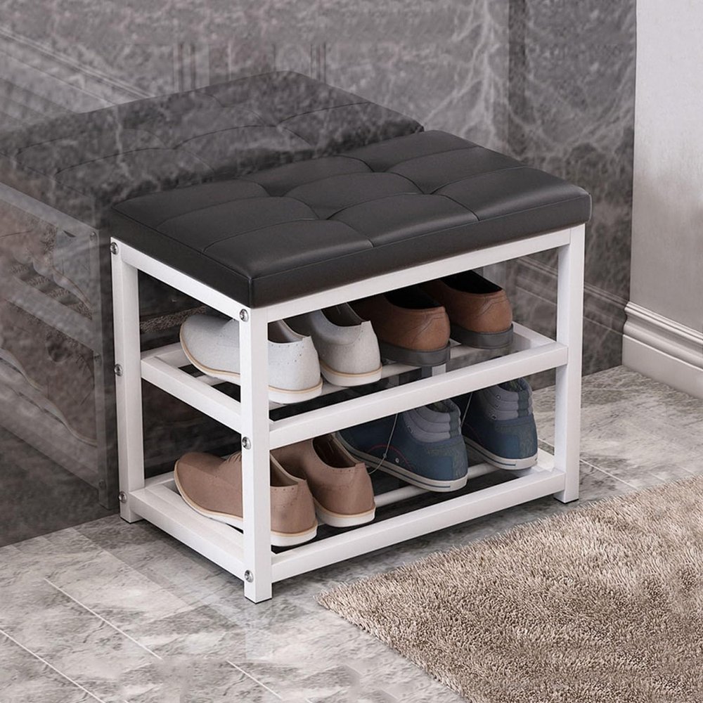 JIHAJU Shoe Rack Bench, 3-Tier Entryway Bench, with PU Leather Padded Seat and Metal Frame, Loads 300 lb, Shoe Rack Organizer for Living Room, Hallway, Mudroom, Doorway(Black,50 * 45 * 30cm)