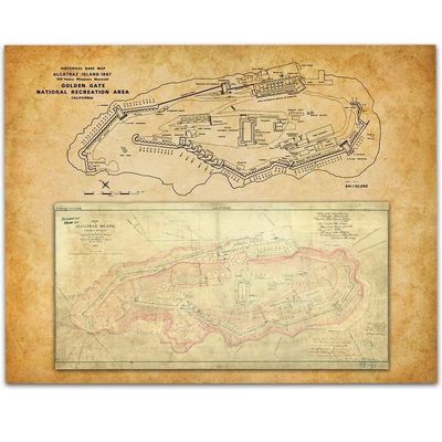 1867 Vintage Alcatraz Island Map 28x36 Unframed Poster - Antique Fortifications Map, Historical Layout Print, Golden Gate Wall Art, Old Alcatraz Topography Chart, Retro Bay Area Decor for Living Room