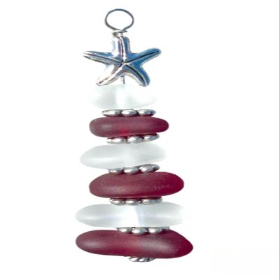 Beach Glass Tree Ornament Sea Glass Christmas Tree Ornament 2025 Ornament Coastal Christmas Decor Beach Glass Ornament Gift for Beach Lover (Red and White)