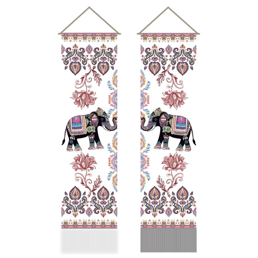 AHANDMAKER 2Pcs India Elephant Tapestry, Traditional Jaipur Elephant Vertical Tapestry Wall Hanging, Good Luck Tassel Wall Tapestries for the Living Room, Wall Art Decor Entry(45.7x13 Inch)