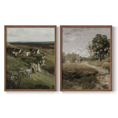 Renditions Gallery Set of 2 Peel & Stick Framed Prints, Abstract Landscape Wall Art, Homes On Cliff And Winding Roads Wall Decor, Re-Stickable - Ready to Hang - 11"x14" - Walnut Frame GAL049