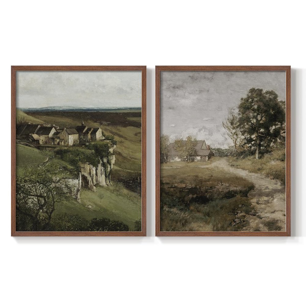 Renditions Gallery Set of 2 Peel & Stick Framed Prints, Abstract Landscape Wall Art, Homes On Cliff And Winding Roads Wall Decor, Re-Stickable - Ready to Hang - 11"x14" - Walnut Frame GAL049