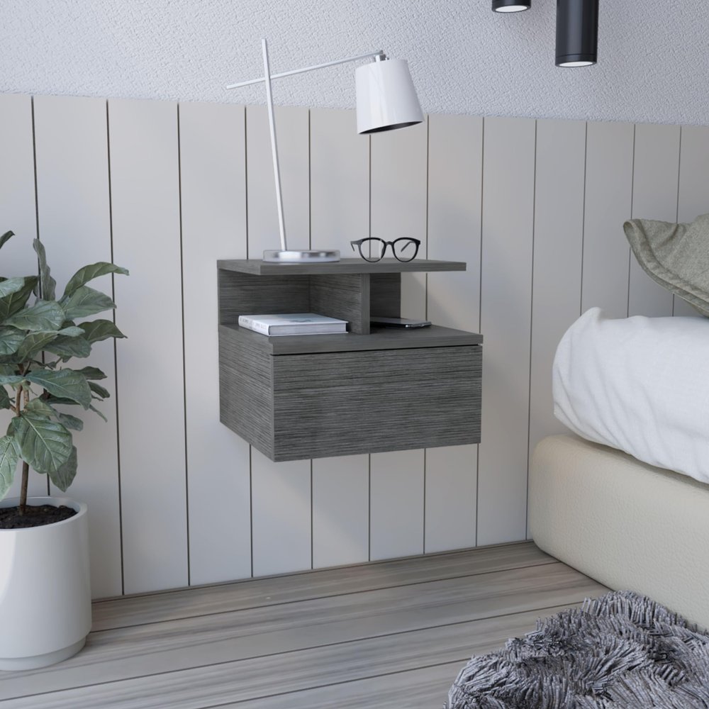 Floating Nightstand with Drawer and Open Storage Shelves