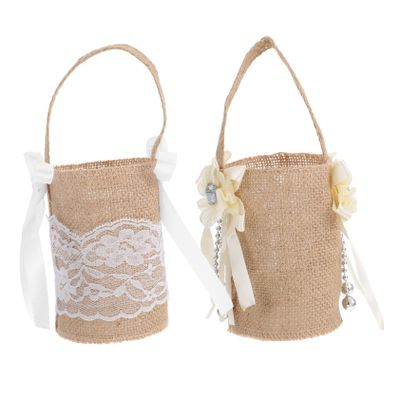 OKUMEYR 2pcs Rustic Burlap Flower Girl Baskets for Weddings Lightweight and Easy to Carry for Flower Girls Home Decor Garden Use Vintage Style with Ribbon Decoration