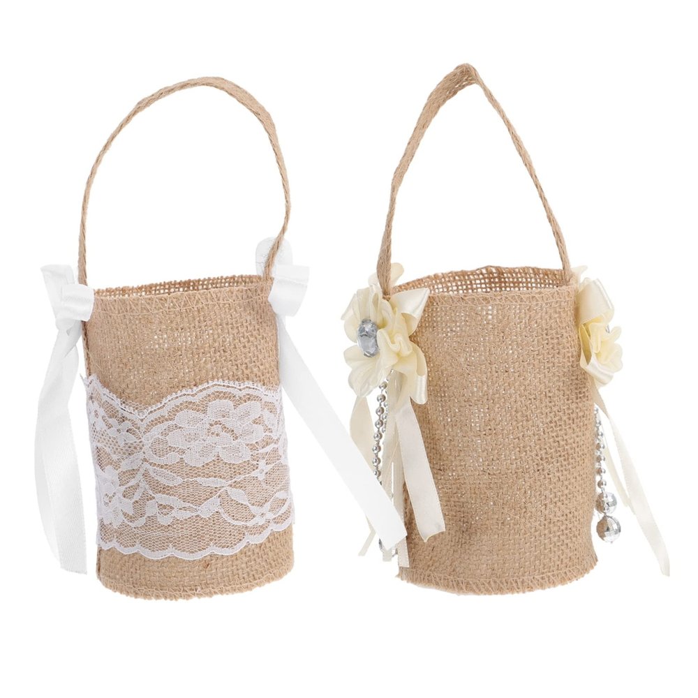 OKUMEYR 2pcs Rustic Burlap Flower Girl Baskets for Weddings Lightweight and Easy to Carry for Flower Girls Home Decor Garden Use Vintage Style with Ribbon Decoration