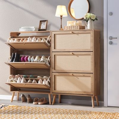 Anewome Rattan Shoe Cabinet with 3 Flip Drawers, 48 Pairs Narrow Shoe Storage Cabinet for Entryway Freestanding Hidden Shoe Rack, Modern Slim Wood Shoe Organizer for Hallway, Natural