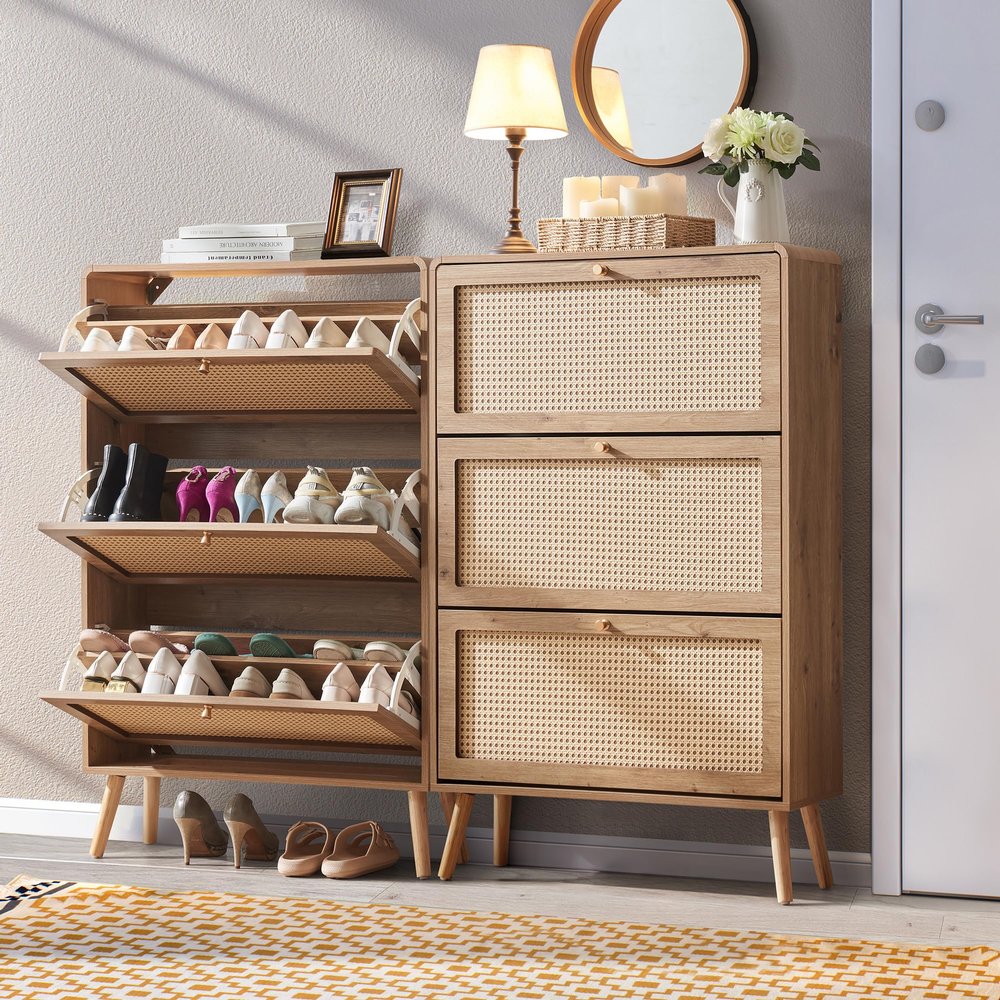 Anewome Rattan Shoe Cabinet with 3 Flip Drawers, 48 Pairs Narrow Shoe Storage Cabinet for Entryway Freestanding Hidden Shoe Rack, Modern Slim Wood Shoe Organizer for Hallway, Natural