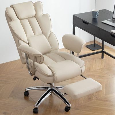 anwickjeff Big and Tall Executive Office Chair with Foot Rest, Leather, Modern, Comfortable, 500 Lb Capacity (Beige)