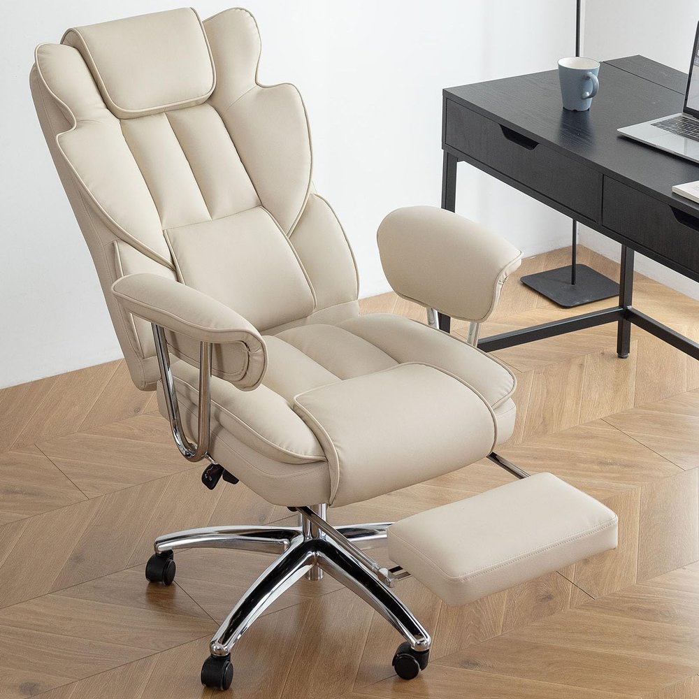 anwickjeff Big and Tall Executive Office Chair with Foot Rest, Leather, Modern, Comfortable, 500 Lb Capacity (Beige)