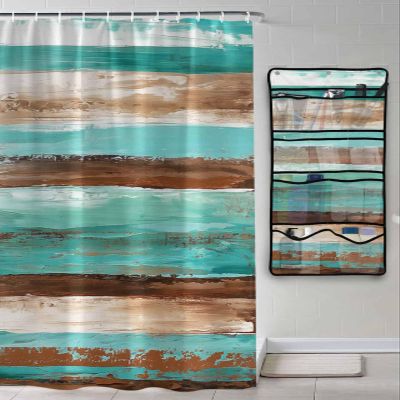 Decorative Shower Curtain Sets Ombre Teal Brown Polyester Fabric Waterproof Bath Shower Curtains Abstract Watercolor Wood Grain Mesh Shower Caddy Hanging Shower Organizer with 10 Pockets 72x72 Inch
