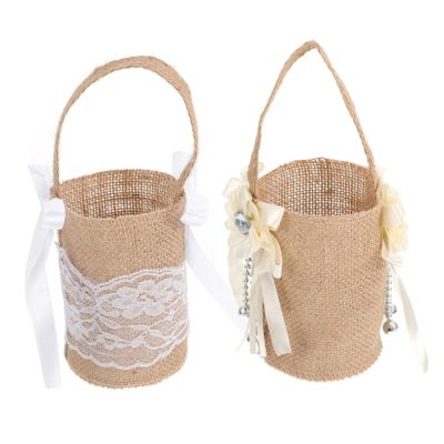 Cabilock 2pcs Elegant Satin Flower Girl Baskets Rustic Wedding Baskets with Burlap Lace for Flower Girl Ceremony for Petals Candy and Confetti Cards