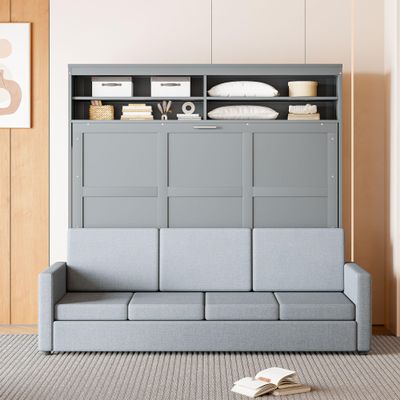 RUNNA Queen Size Murphy Bed Wall Bed with Sofa,Foldable Wall Bedframe w/Flexible Slats Support,Space-Saving Design for Home Office Small Room (Gray#092)