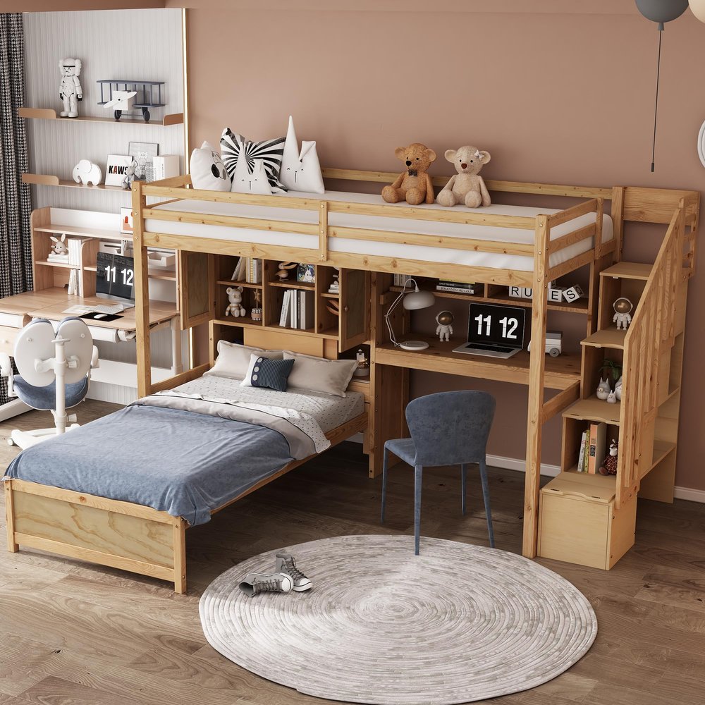 CKLMMC Twin Over Twin Loft Bed with Built-in Desk and Staircase and one Twin Size Platform Bed with Storage Space,Multifunctional Loft Bed for Kids Teens Adults (Natural#E)