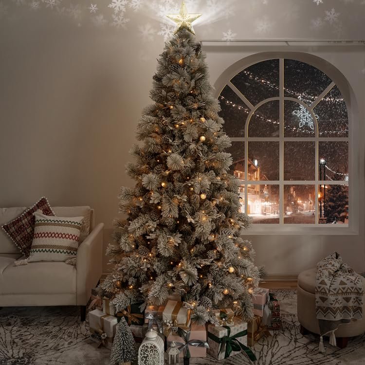 Darla 6.5ft Snow Flocked Rotating Christmas Tree with Star Projector, 35 Pine Cones, 674 Branch Tips, 300 Warm Lights and Rotating Base, 44" Wide Snowy Frosted Pine Christmas Tree with Lights
