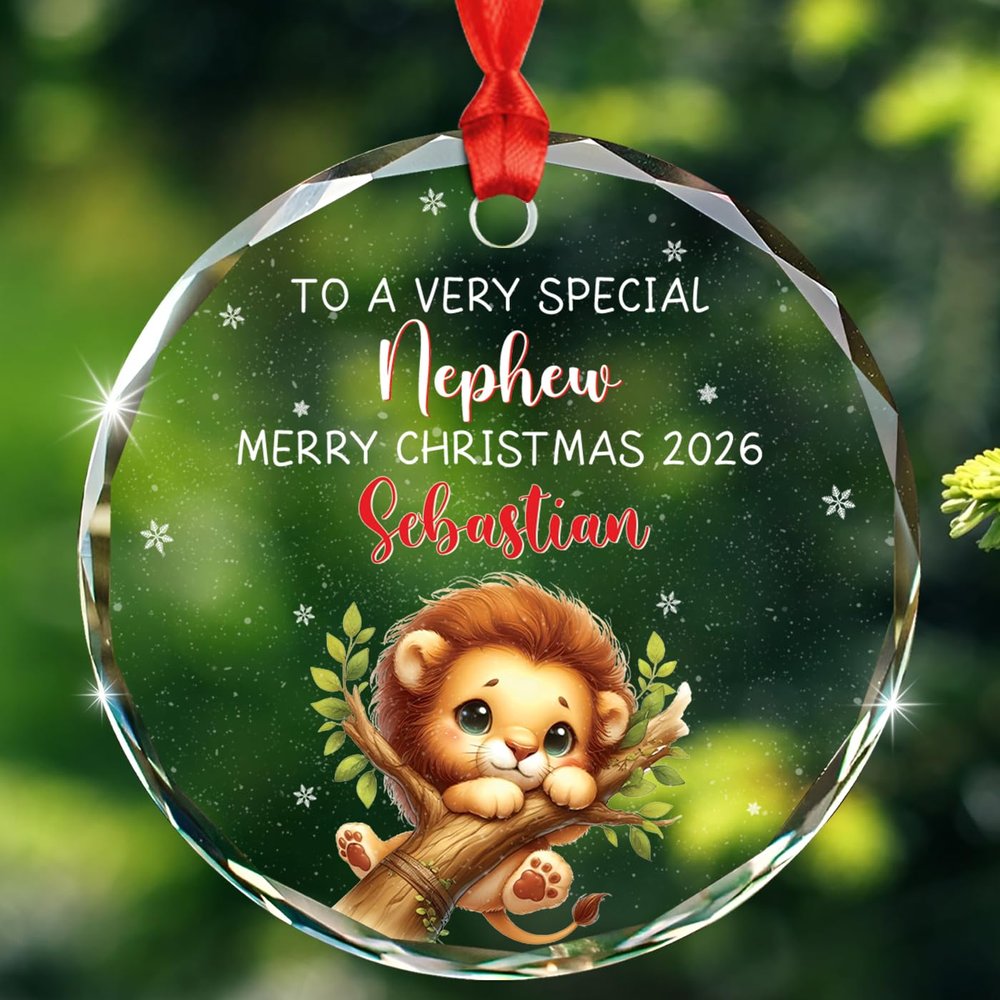 Personalized Grandson Lion Glass Christmas Ornament 2026, To A Very Special Nephew Ornaments Gift From Grandparents, Funny Grandsons Ornament For Baby Boy, Customized Name Grandson Lion Xmas Ornaments