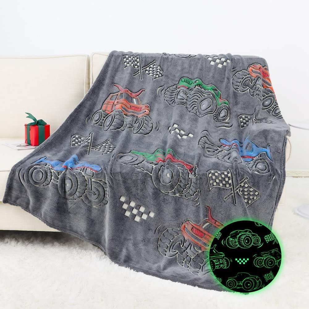 OHOIT Glow in The Dark Blanket for Kids Cute Truck Boys Blankets for Sofa Couch Bed Birthday Christmas Easter Gifts for Kids Boys