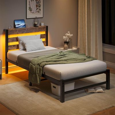 Anwick Twin Bed Frame with LED Lights & Charging Station, Metal Platform Bed with Storage Headboard, Under Bed Storage, Noise-Free, No Box Spring Needed (Brown, Twin)