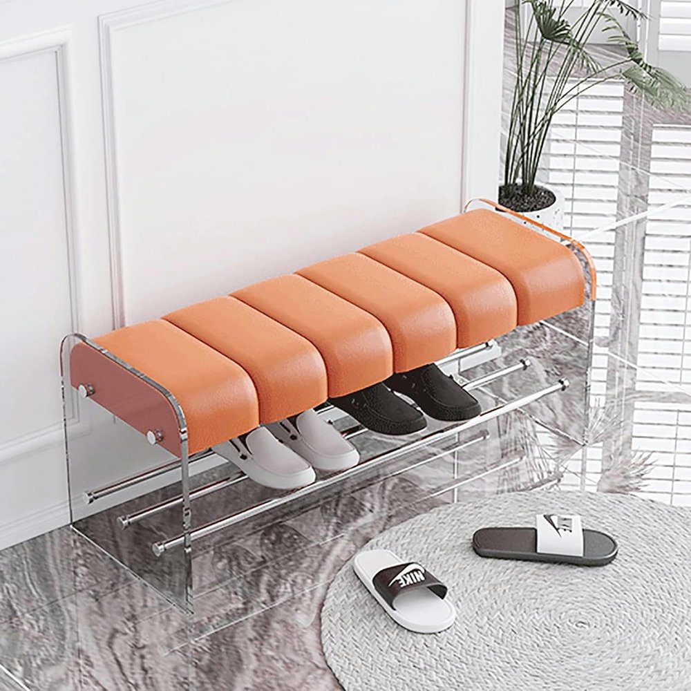 WZUOPG Premium Entryway Bench Shoe Rack Bench,Acrylic Shoe Storage Bench Modern End of Bed Bench,Comfy Upholstered Bench Entry Shoe Bench Bedroom Bench-Blue Velvet -1pc