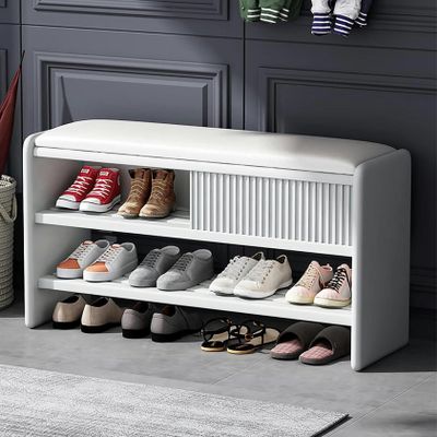 WZUOPG Modern Shoe Storage Bench,Wooden Entryway Bench with Leather Cushion,Upholstered Shoe Bench Shoe Cabinet Hallway Shoe Organizer Furniture-1pc