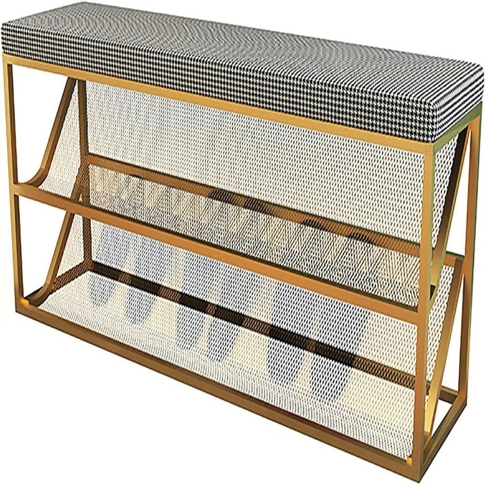 WZUOPG Storage Ottoman Foot Rest end of Bed Bench Entry Shoe Bench with Comfy Cushion,-Tier Metal Mesh Shoe Rack Bench Shoe Organizer-1pc