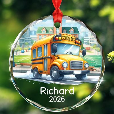 Personalized School Bus Glass Christmas Ornament 2026, School Bus Xmas Ornaments Gift for Kid Children Grandkids, Customized Year Name Bus Driver Glass Ornament, Keepsake Xmas Ornaments for Driver