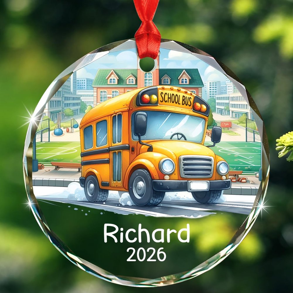 Personalized School Bus Glass Christmas Ornament 2026, School Bus Xmas Ornaments Gift for Kid Children Grandkids, Customized Year Name Bus Driver Glass Ornament, Keepsake Xmas Ornaments for Driver