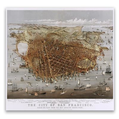 1878 San Francisco Panoramic Map -Vintage San Francisco Map 16x20 Unframed Poster, Antique Bird's-Eye View, Historical California Coastal Harbor Lithograph, Retro Wall Art for Home Office or Apartment