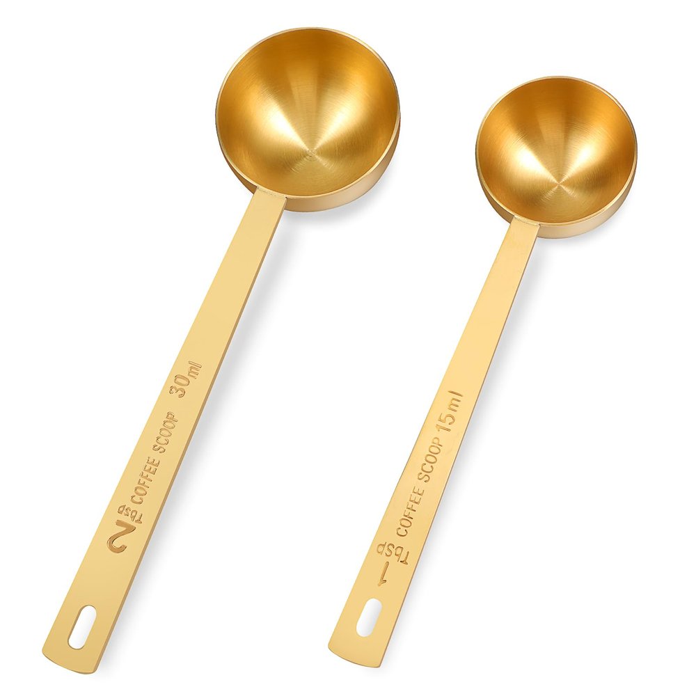2 PCS Gold Measuring Spoons, 15 Ml and 30 Ml Stainless Steel Coffee Spoons Set Coffee Scoop for Ground Coffees, Long Handle Tablespoon Measuring Spoon for Milk Sugar Protein Brewin Gold Tea Spoon