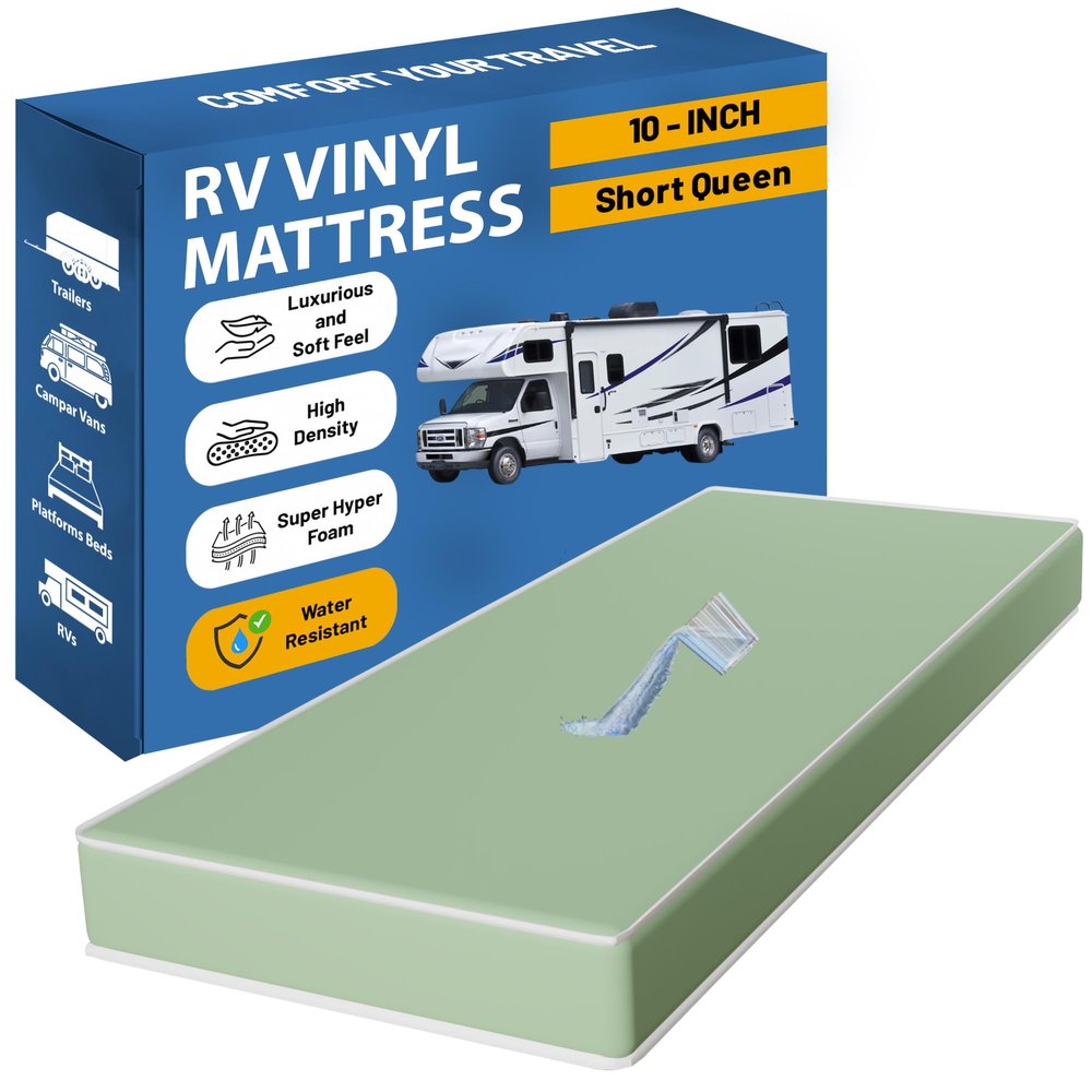 Greaton, 10-Inch High-Density Foam Vinyl RV Mattress Replacement, Medium Firm, Good for Trailers, Camper Vans, Sofa Bed and Other Furniture Application, Short Queen, Green