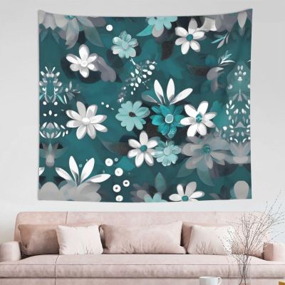 WZYCWB Teal Grey and White Floral Patterned Wall Decor Tapestry Multipurpose Dorm Wall Hanging, Can Be Used As Bedroom Living Room - 60x51 Inch,